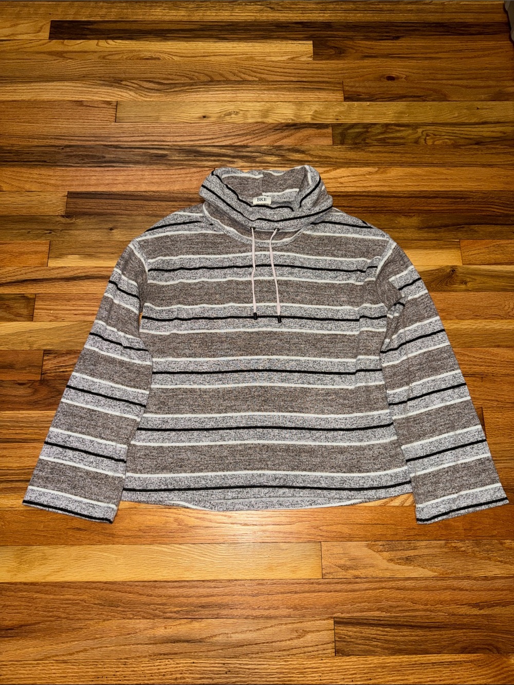BKE Funnel Neck Striped Sweater Small Grey Brown Buckle